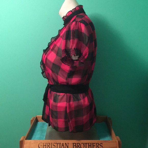 Sheer button down plaid top with ruffled bib - Picture 4 of 8